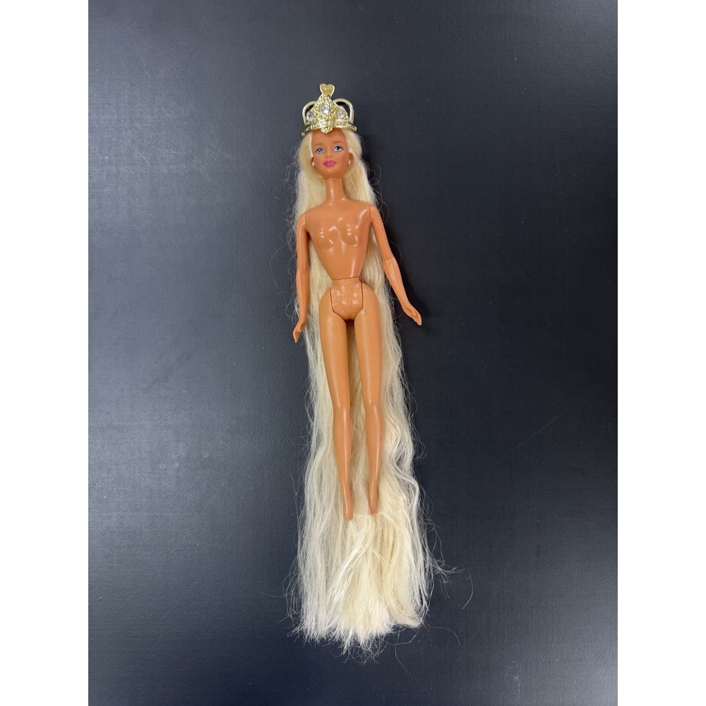 90s Barbie Rapunzel Long Blonde Hair Blue Eyes Crown Vintage Doll
